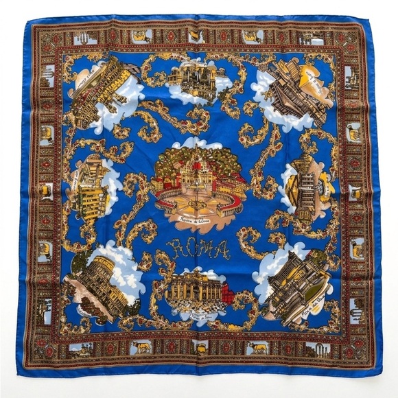 Unsigned Accessories - Vintage Italian Silk Feel Scarf - Vibrant Blue Roma Rome Landmark Souvenir